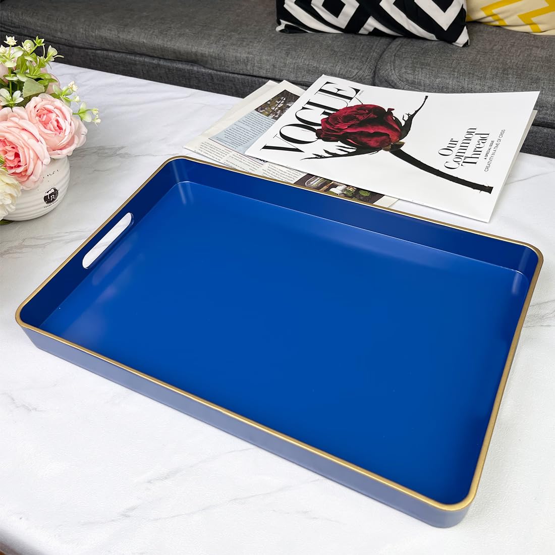UOEKCS Navy Blue Serving Tray with Handles, Rectangular Decorative Tray for Coffee Table, Plastic Rectangular Tray for Ottoman, Living Room, Bathroom, Home Decor 15.7” x 10.2” x1.37”