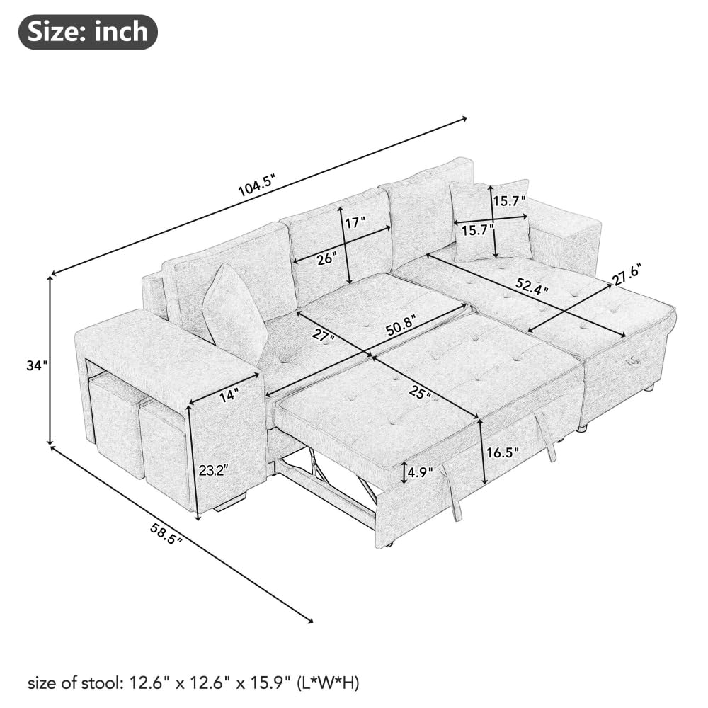 104.5" Modern L-Shape 3 Seat Reversible Sectional Couch, Pull Out Sleeper Sofa with Storage Chaise and 2 Stools for Living Room Furniture Set,Knox Charcoal