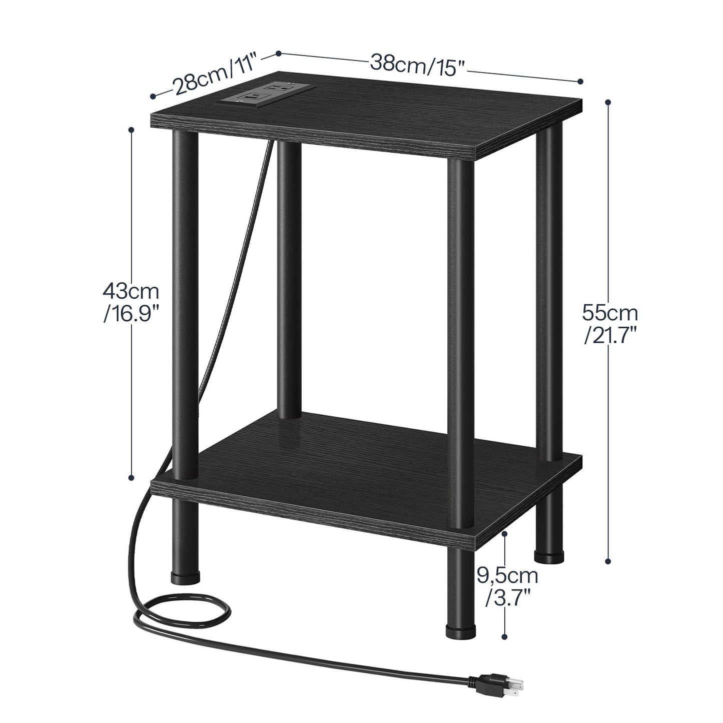 HOOBRO Side Table with Charging Station, End Table with USB Port and Outlets, Nightstand with 2-Layer Storage Shelves for Small Spaces, Living Room, Bedroom, Black BK09UBZ01