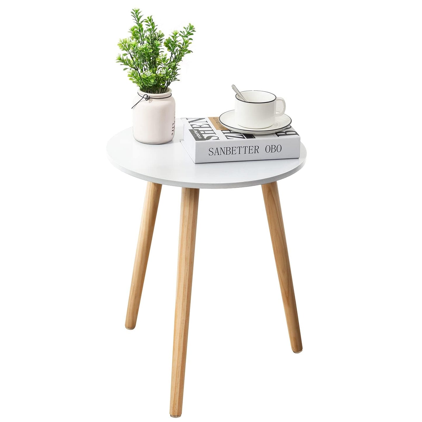 Apicizon Round Side Table, White Bedside Table Coffee End Table for Bedroom, Living Room, Small Spaces, Easy Assembly Nightstands with Natural Wood Legs, 16.5 x 20.5 Inches