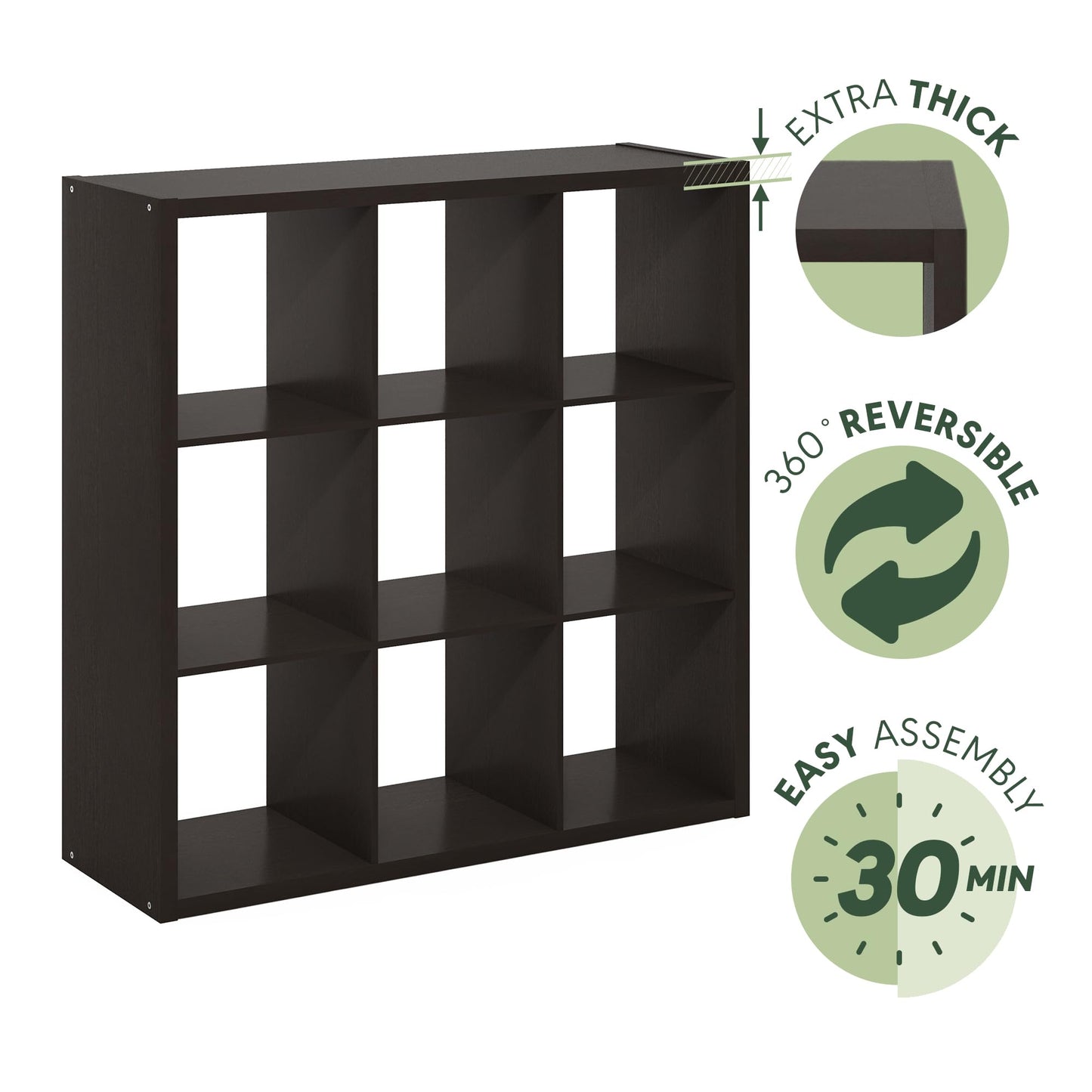 Furinno CUBICLE Book Shelf, 9-Cube Bookshelf, Extra Thick Frame Reversible Bookcase with Open Back, 14.6" x 44" x 44", for Living Room, Bedroom, Home Office, Black Dark Oak