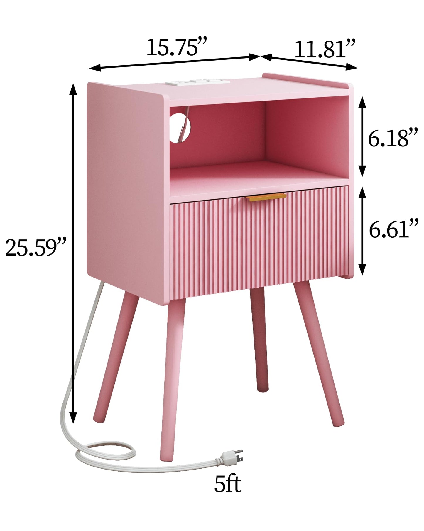 JOONEE Nightstand with Oultlet,Modern Bedside Table with Storage Drawer and Open Wood Shelf, for Living Room, Bedroom and Small Spaces, Accent Night Stand with Solid Wood Legs, Easy Assembly,Pink