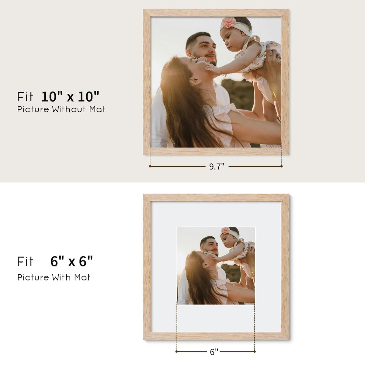 puthiac 10x10 Solid Oak Wood Picture Frame, Fits 6x6 with Mat or 10x10 Without Mat, Wall Display Only, Plexi Front, 1 Pack, Natural Oak
