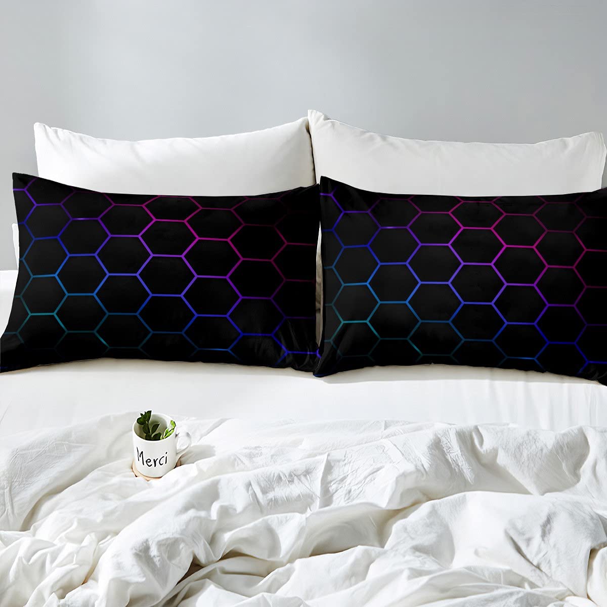Hexagonal Bedding Sheets 3D Geometric Honeycomb Bed Sheet Set Kids Boys Girls Luxury Beehive Hexagon Bedding Fitted Sheet Neon Blue Purple Black Decor Bed Cover with 2 Pillowcases 3Pcs Bedding Queen