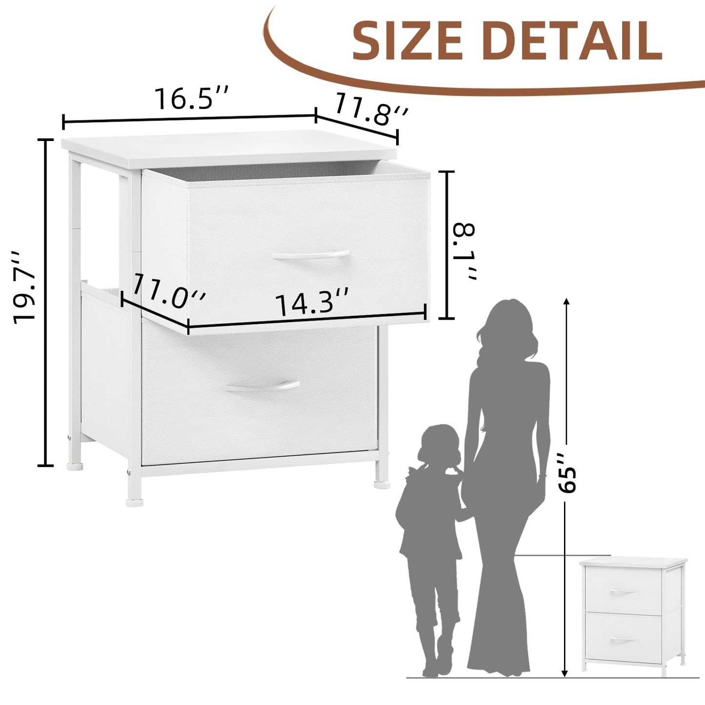 Somdot Nightstand, Small 2 Drawer Dresser End Table, Chest of Drawers, Bedside Table Night Stand End Table with Fabric Bins for Bedroom Kids Closet Dorm Guest Room, White Leather