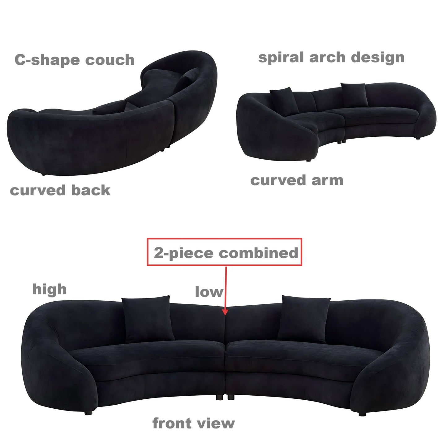 BBTJOINT Modern Curved Sectional Sofa, Contemporary Black Velvet Upholstered Couch, SemiCircular Design loveseat, Living Room Furniture,Half Moon Chaise