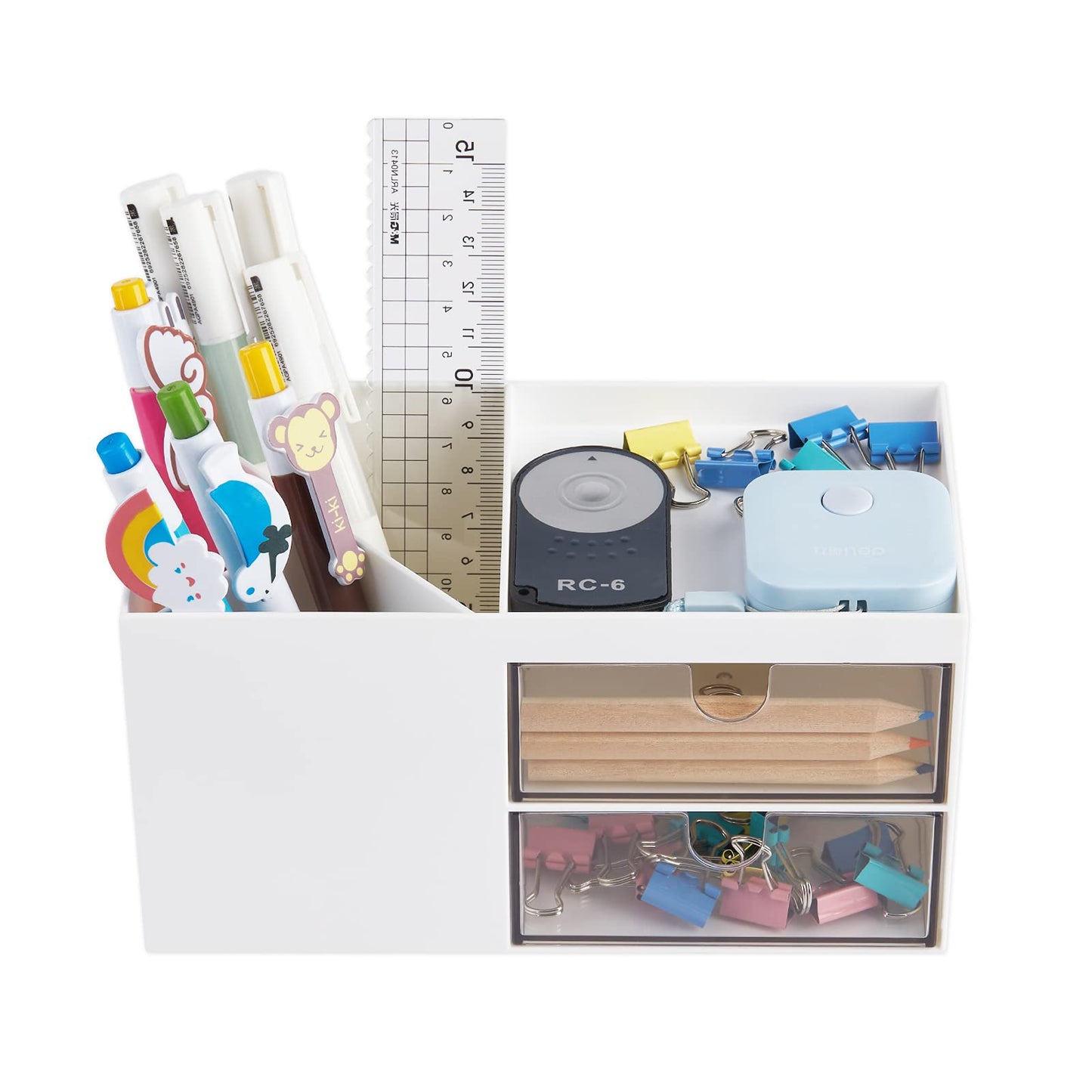 LETURE Office Desk Organizer with drawer, Office Supplies and Desk Accessories, Business Card/Pen/Pencil/Mobile Phone/Stationery Holder Storage Box (White)