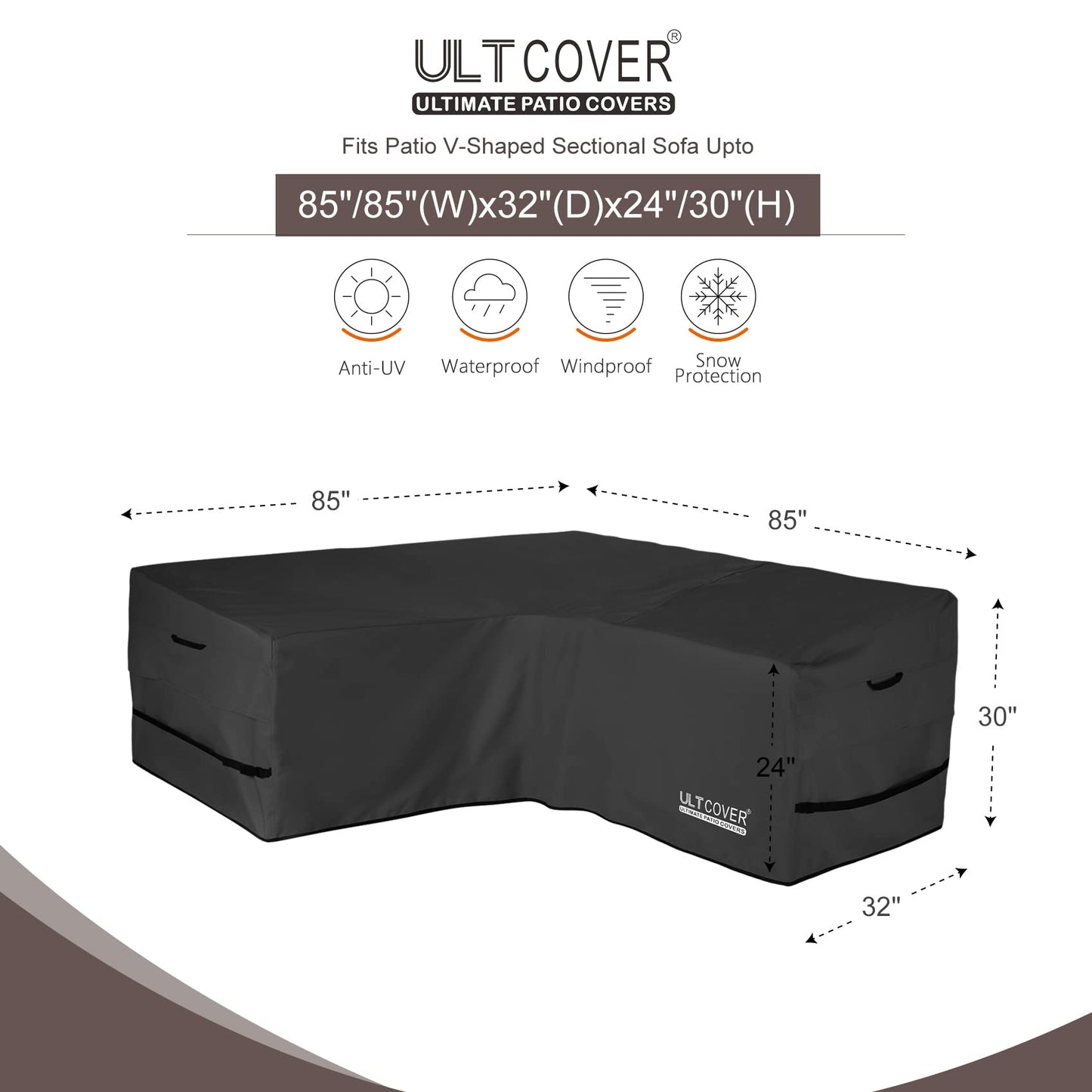 ULTCOVER Patio V-Shaped Sofa Cover Waterproof for 5-Seater Outdoor Sectional Furniture Couch 85 inch Wide, Black
