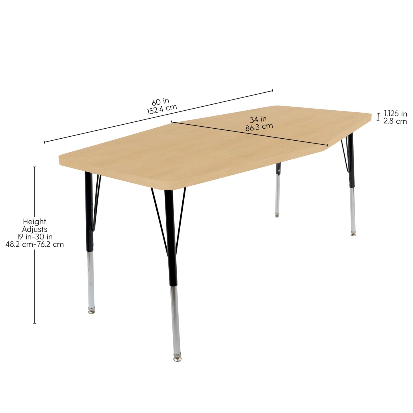Factory Direct Partners FDP 34" x 60" Long Hexagon Thermofused Classroom Activity Table with Standard Swivel Glide, Adjustable Height 19"-30" - Maple Grain/Black - 15592-284