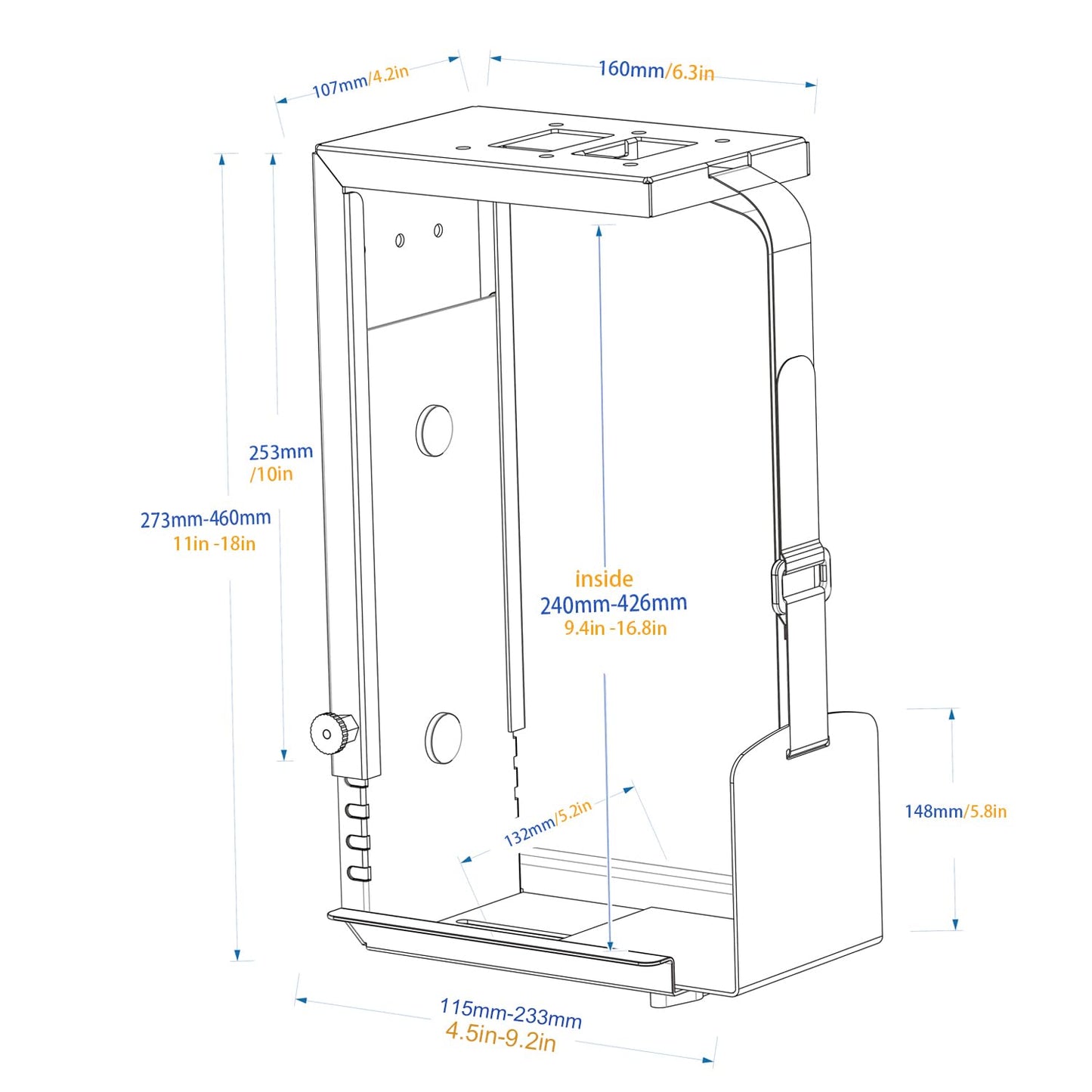 Bylitco Universal Wall or Under Desk CPU Mount, Small PC/NAS Bracket – 4.5 to 9.2 inch Wide Computer Holder, Space-Saving Design with Safety Lock,Max Load 32Lbs