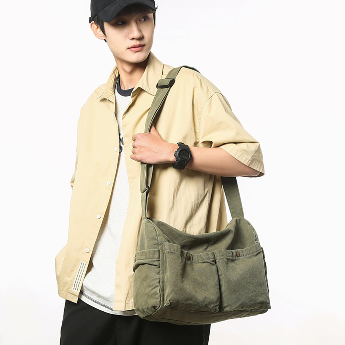 KBTYE Canvas Messenger Bag Cute Crossbody Tote Bag Shoulder for Women Men for School Aesthetic Hobo with Multiple Pockets(Green)