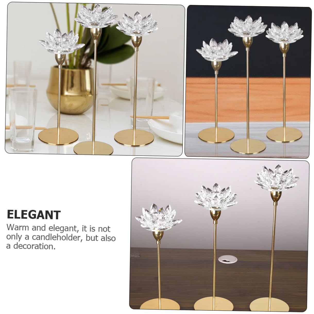 HOMSFOU Crystal Lotus Metal Candlestick Holder Small Gold Tapered Candle Stand for Dining Room Wedding Candlelight Dinner Decor