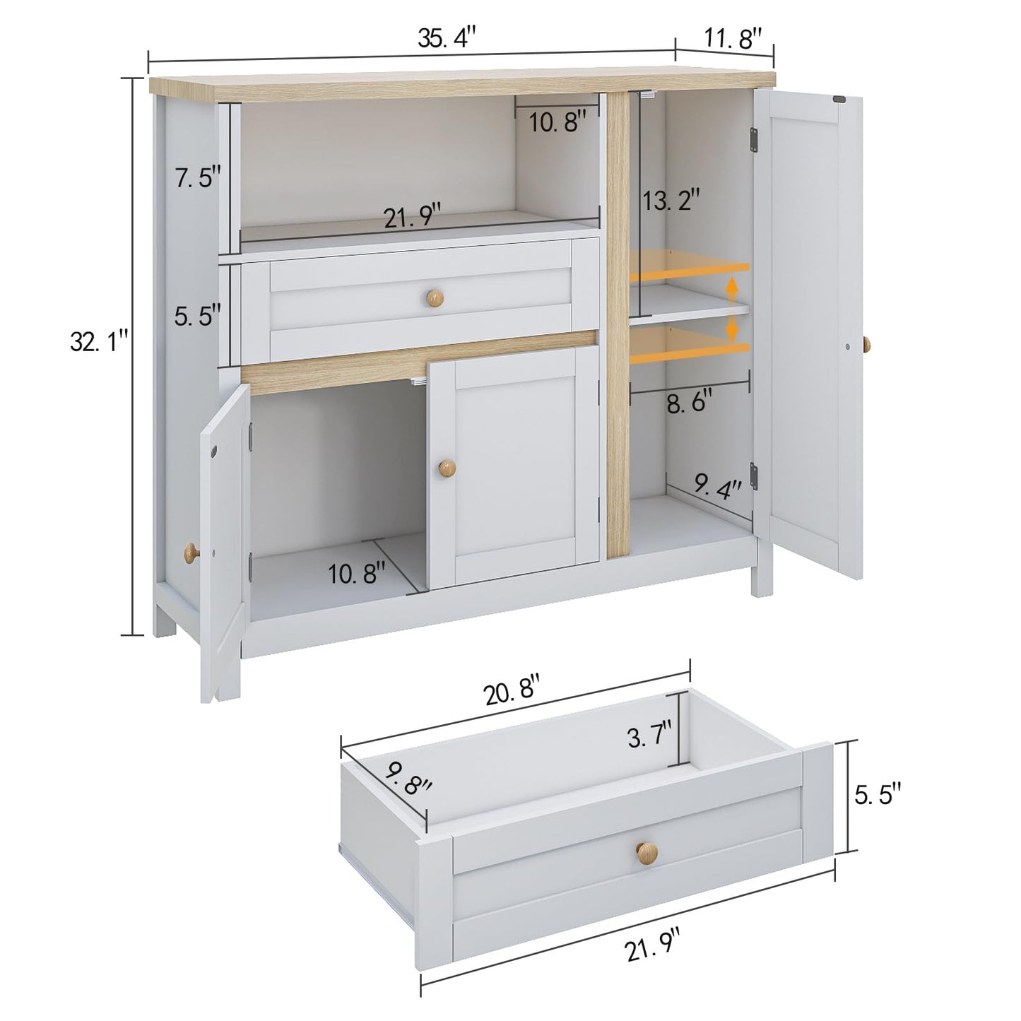 Viaozutis Coffee Bar Cabinet with Doors and Drawer, 35.4" Kitchen Storage Cabinet with Adjustable Shelf, Freestanding Buffet Sideboard for Dining Room, Bathroom, Entryway, White