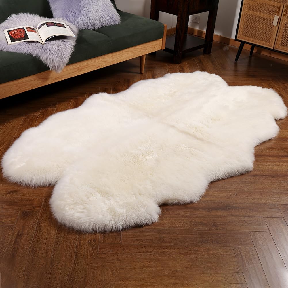 IRIWOOL Premium Genuine Fur Sheepskin Rug Real Australia Sheepskin Natural Luxury Fluffy Lambskin Fur Area Rug Seat Covers for Kids Bedroom Sofa Chair Cover (Creamy White, 4ft x 6ft)