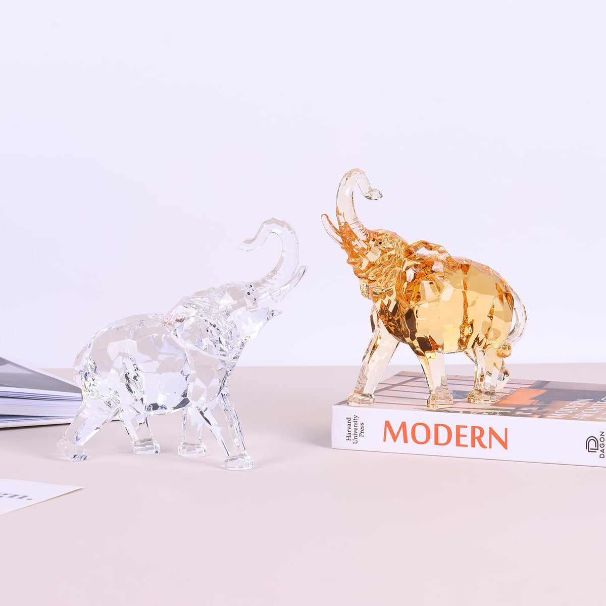 Acrylic Clear Elephant Figurines Crystal Glass Finish, High End African Statues for Home Decor, Elephant with Trunk up, Large Elephants Statue Sculpture, Lucky Gifts Office Feng Shui Elephants