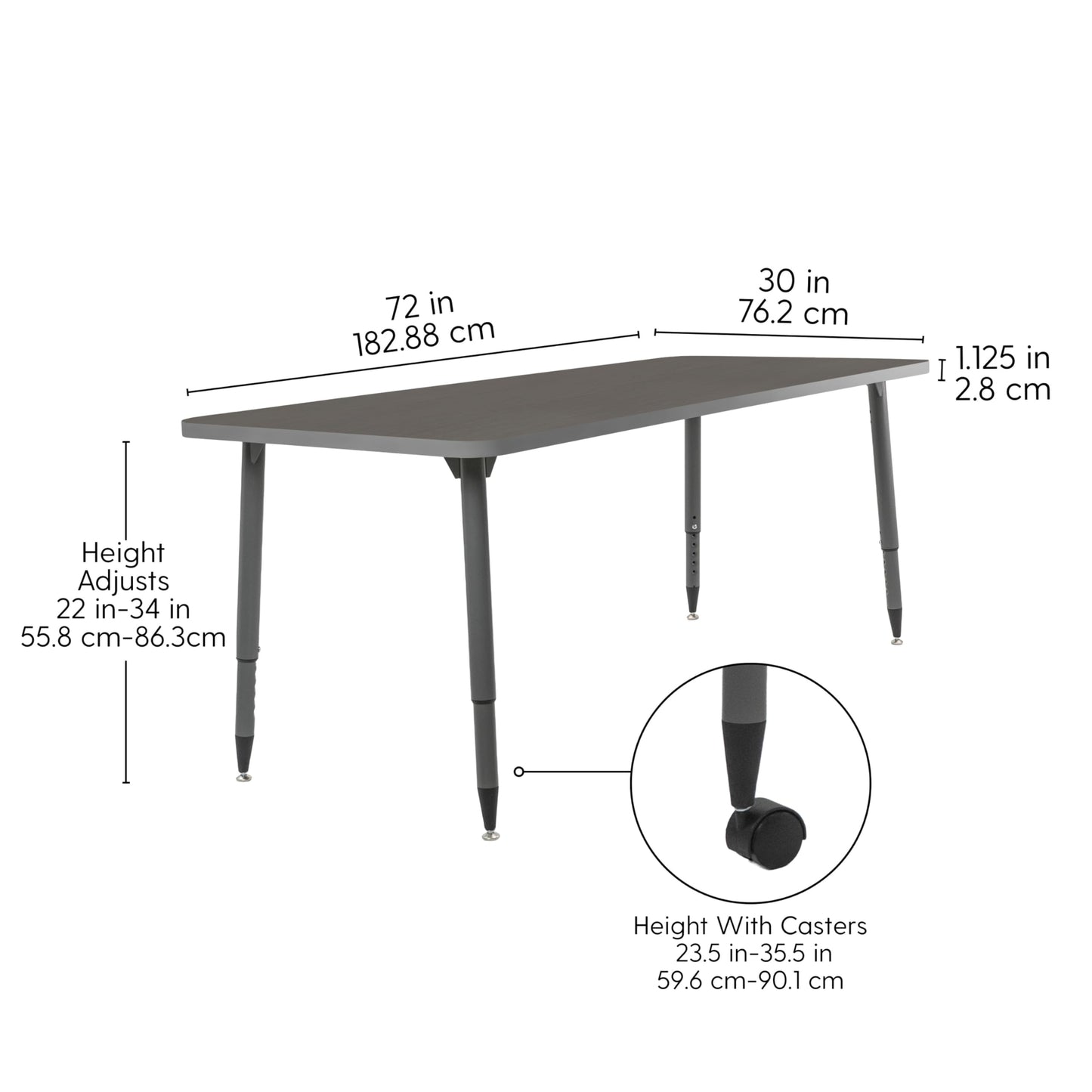 Adapte Commercial Classroom Activity Table - 30" x 72" Rectangle, ADA Compliant Tapered Legs with Glides & Casters, Adjustable Height 22-34" Wheelchair Accessible, School & Office Furniture