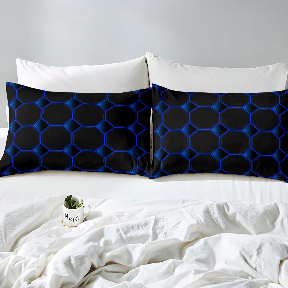 Honeycomb Bed Sheets Set Queen Size Geometric Hexagonal Beehive Sheet Set for Boys,3D Stereoscopic Blue Hexagon Sheets,Neon Simplistic Geometrical Black Room Decor
