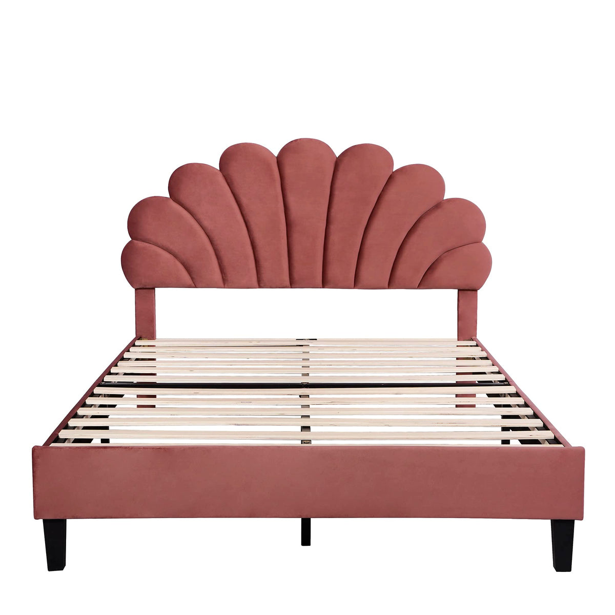 Merax Full Size Upholstered Platform Bed Wooden Frame with Flower Pattern Velvet Headboard for Bedroom,Boys Girls,Bean Paste Red