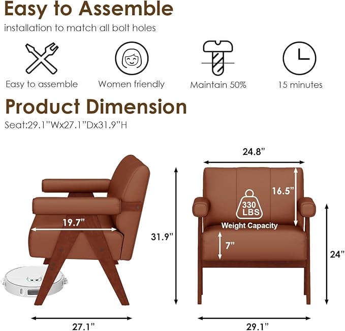 STHOUYN Brown Leather Accent Chairs, Mid Century Modern Chair, Side Arm Chairs