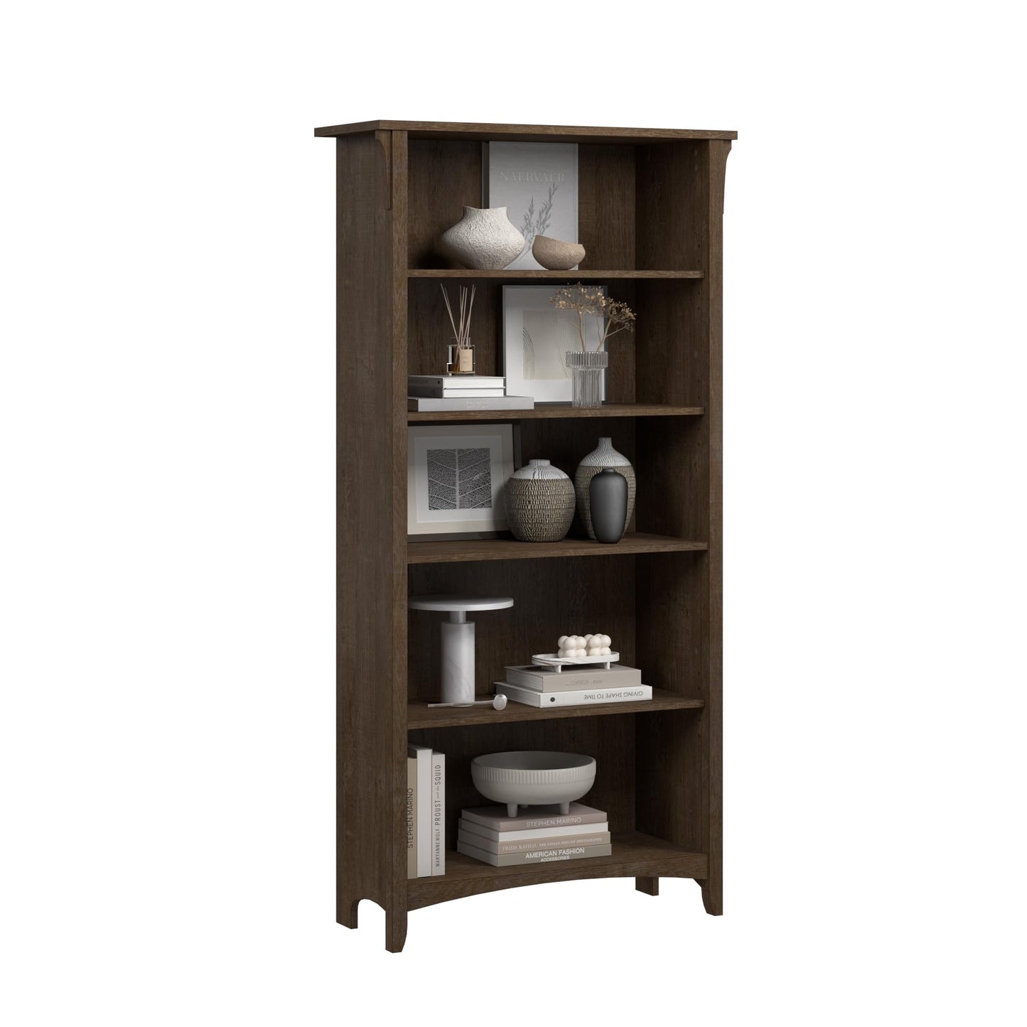 Bush Home Salinas 5 Shelf Bookcase in Ash Brown, Tall Bookshelf, Large Book Shelf for Living Room, Home Office, or Entryway