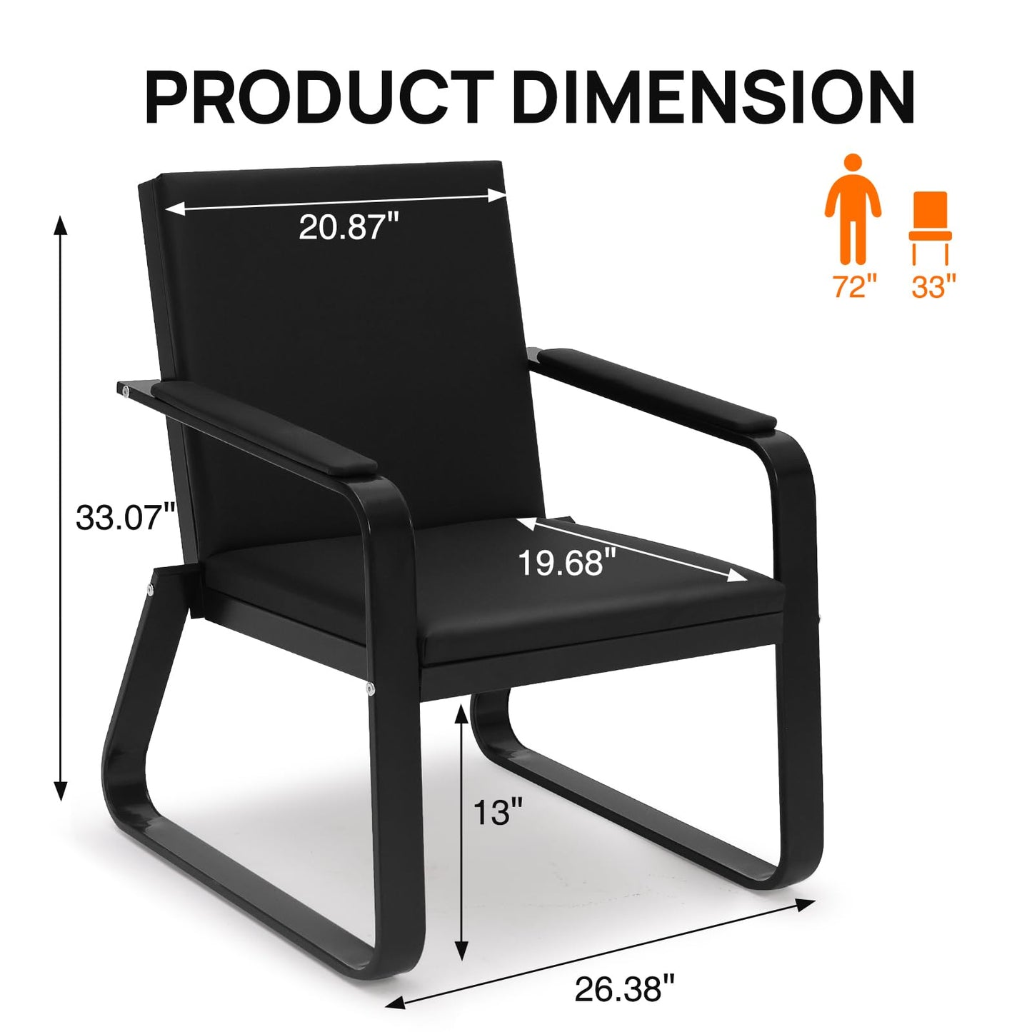 walnest Guest Reception Chair with Padded Arms, PU Leather, Heavy Duty 330 Lb Capacity, Black (Black, Single seat)