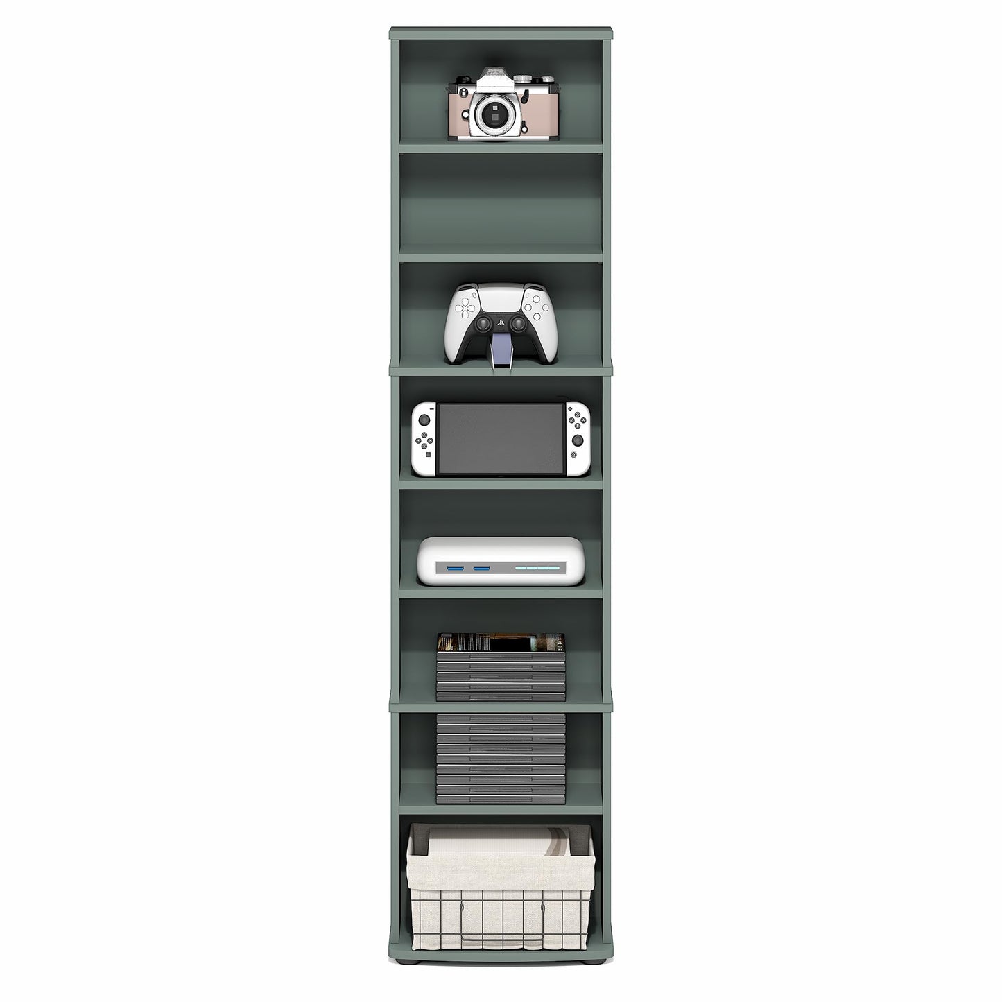 Furinno Jaya DVD Shelf, 8-Tier Tall Narrow CD Rack, Media Shelf with Adjustable Shelves, DVD Storage Cabinets for CD Blueray Game Disc, Easy Assembly, for Living Room, Home Office, Sage Green