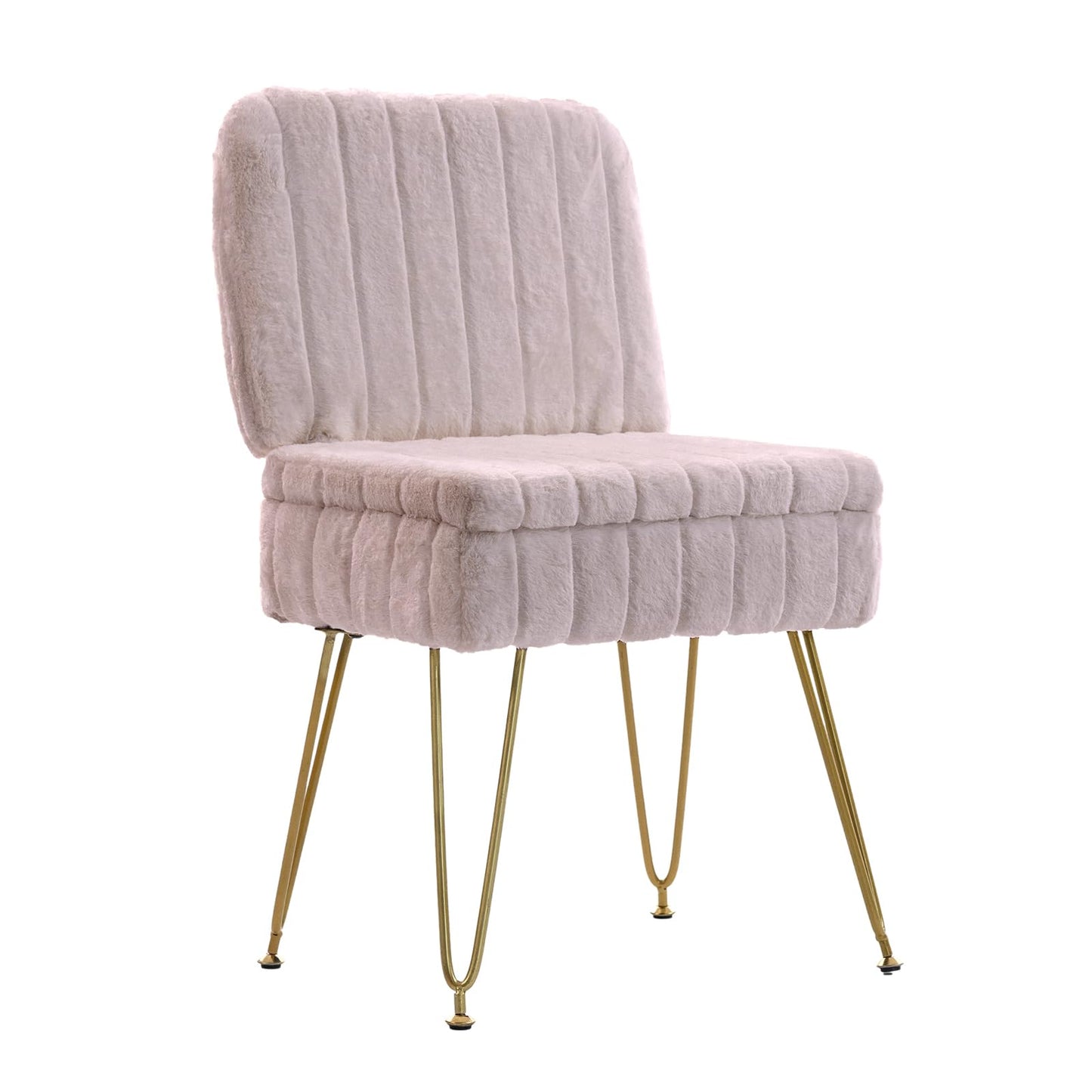 Manyday Vanity Chair with Storage, Comfy Ottoman with Folding Back, Faux Fur Vanity Stool with 4 Metal Legs for Make Up, Furry Padded Seat with Anti-Slip Feet for Bedroom Dressing Room