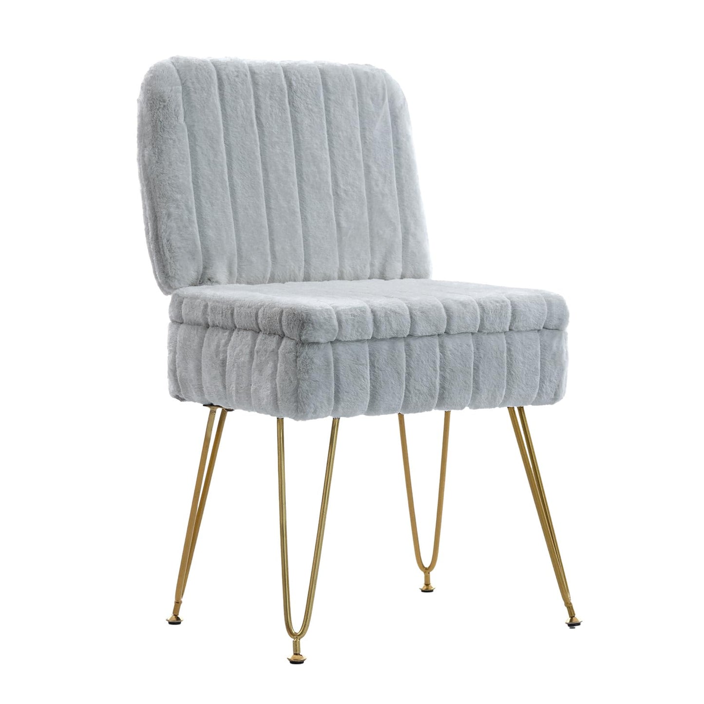 Manyday Vanity Chair with Storage, Comfy Ottoman with Folding Back, Faux Fur Vanity Stool with 4 Metal Legs for Make Up, Furry Padded Seat with Anti-Slip Feet for Bedroom Dressing Room, Light Gray