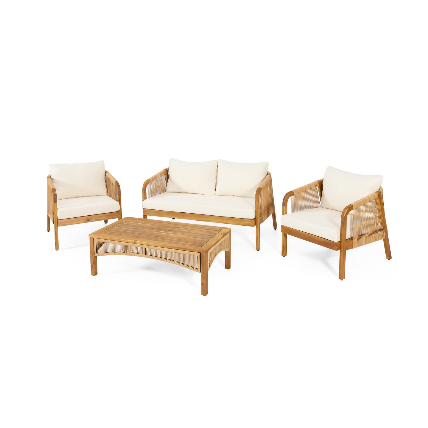 Christopher Knight Home 4 Piece Acacia Wood Patio Furniture Set Outdoor Conversation Set with Coffee Table Deep Seating Cushioned Chairs for Backyard Porch Balcony Beige Cushion & Teak Frame
