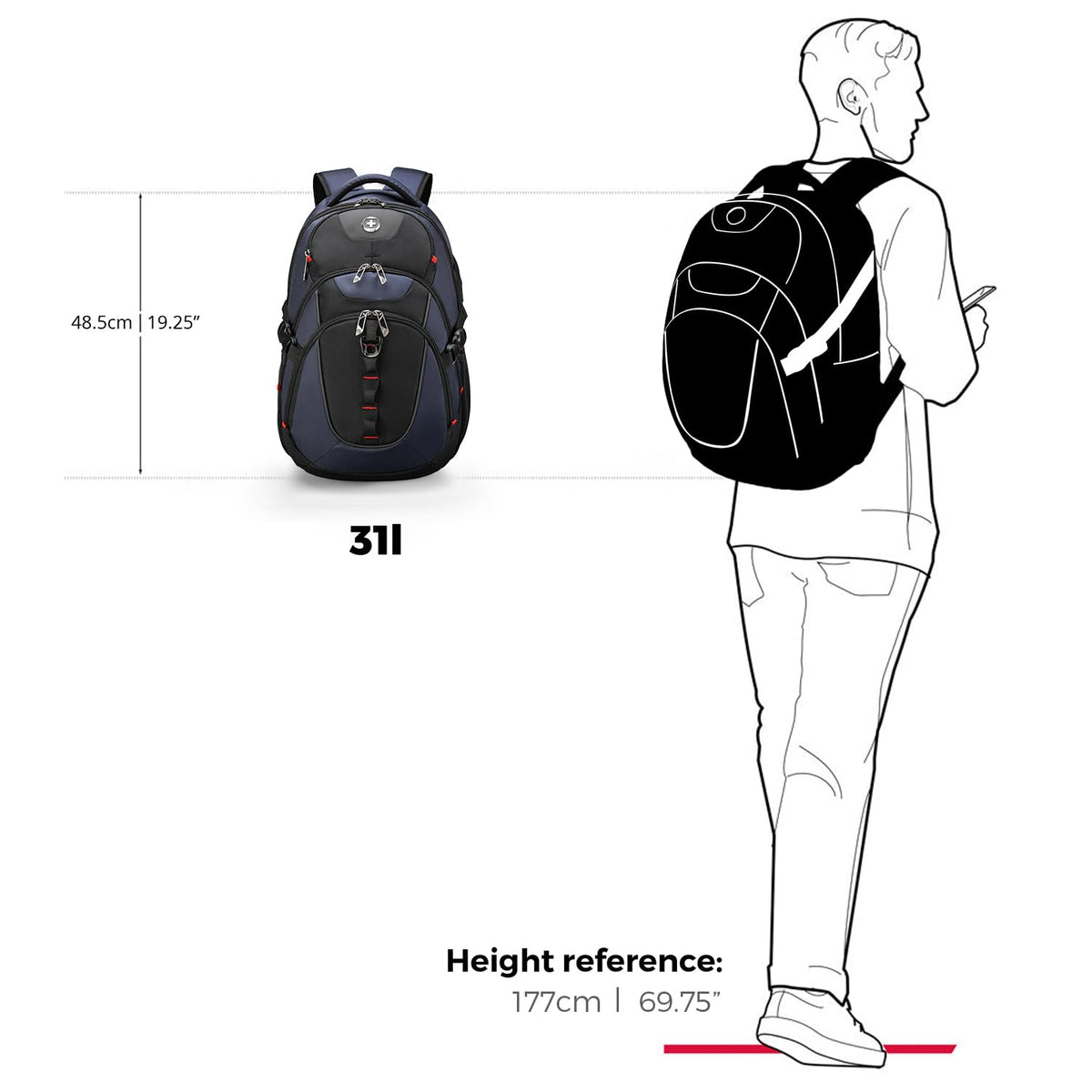 Swissdigital Design Laptop Backpack with USB Charging Port, Travel Backpack Fits 15.6 inches Computer, 31L College School Backpack for Men, Blue/Black | SD803-12