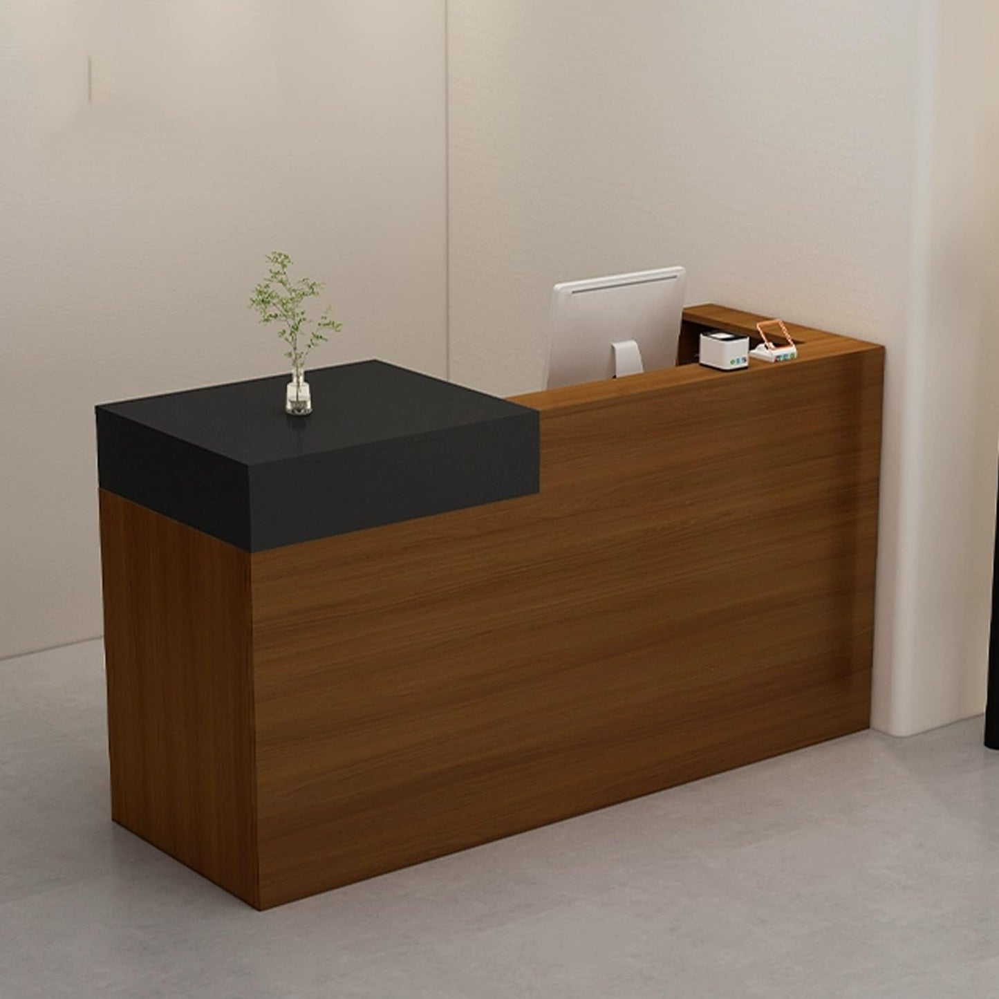 Lockable Small Reception Desk with Wood Front Counter, Stylish Teak & Black Design for Retail Checkout, 100cm (39.3in) Convenience Store Front Desk