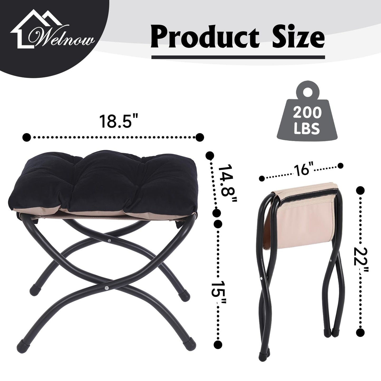 Welnow Folding Foot Stool, Upholstered Small Accent Ottoman with Detachable Thick Cotton Cushion Padded Sofa Stool and Metal Frame for Lazy Chair, Living Room, Bedroom, Black