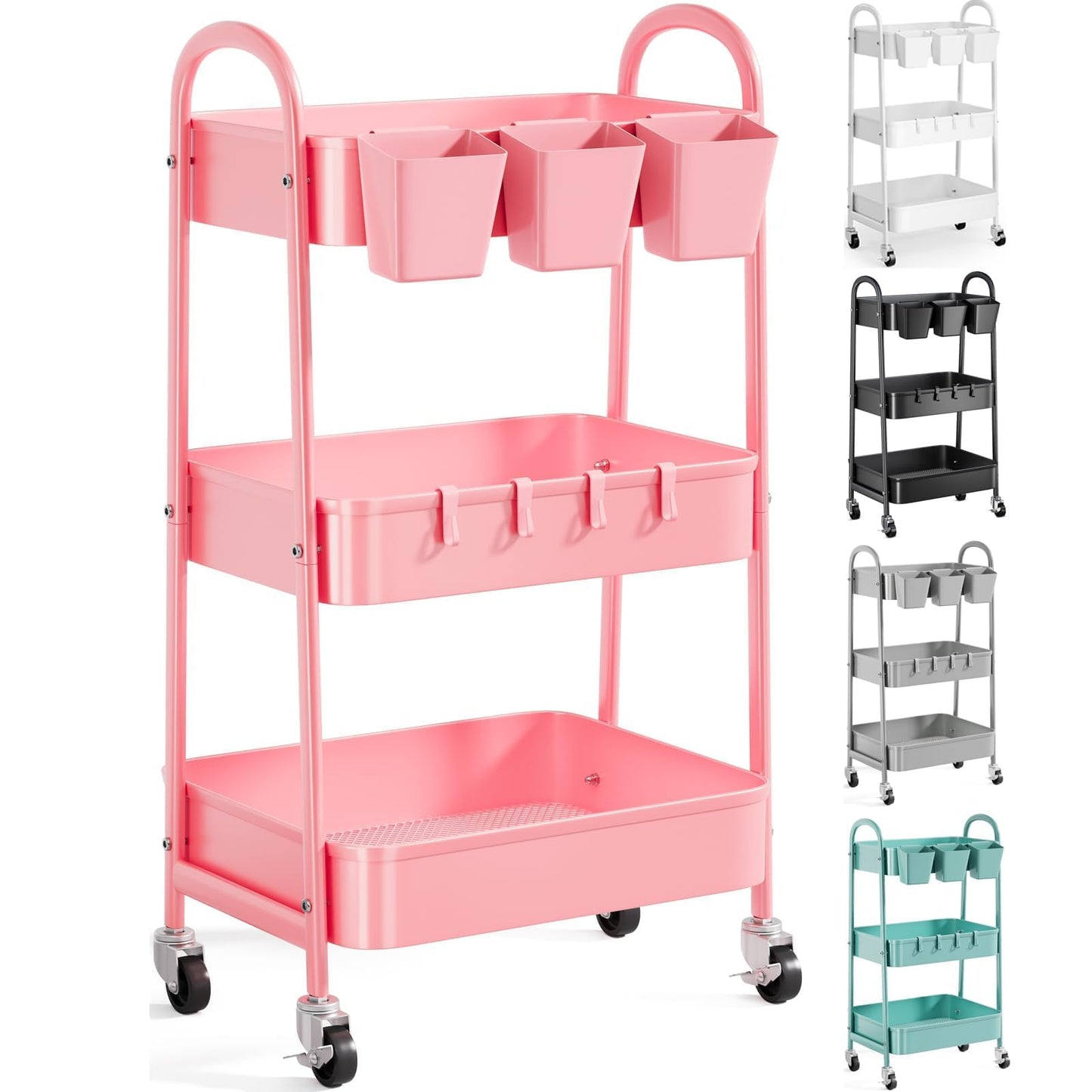 3 Tier Metal Rolling Cart with Lockable Wheels and Handle, Three Tiered Pink Trolley Cart on Wheels, Utility Storage Organizer for Bathroom, Kitchen, Teachers, Art, Crafts, Baby Diaper, Snack, Nail