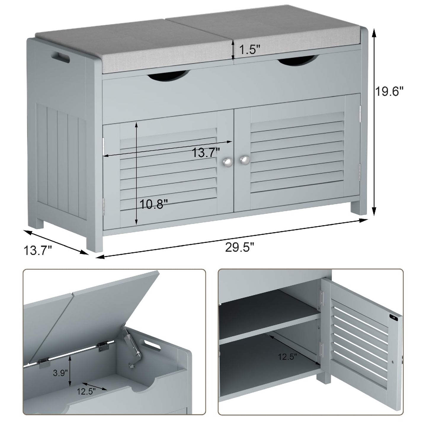 ChooChoo Shoe Storage Bench with Lift Top Storage, Entryway Bench with 2 Cushioned Seats, 3 Compartments, Adjustable Shelf, Shoe Cabinet for Entryway, Bedroom, Living Room, Grey