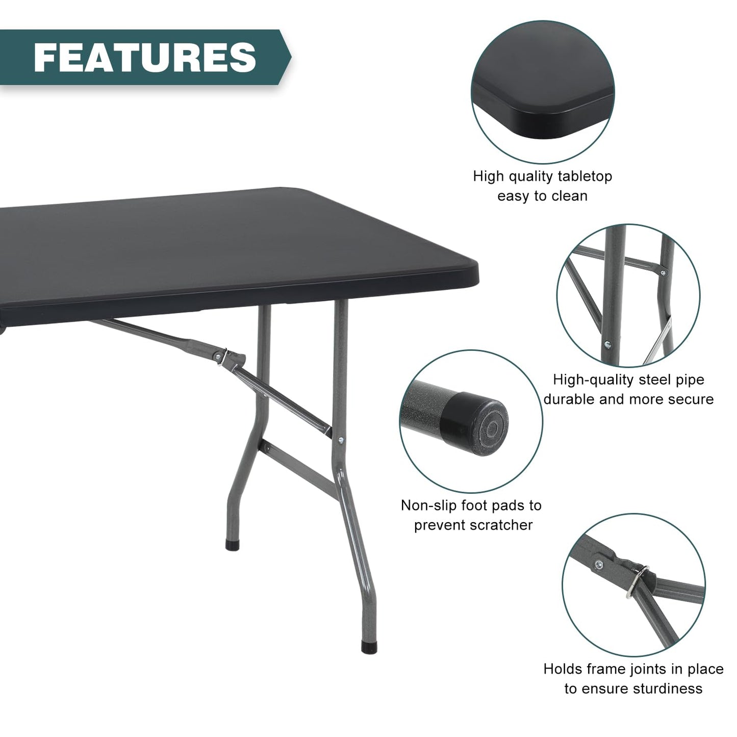 FDW 6 Foot Outdoor Dining Table, Foldable Portable Rectangular Plastic Folding Table with Built in Carrying Handle for Party and Wedding Use, Black