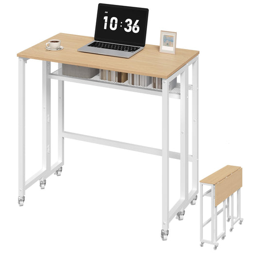 YATINEY Folding Computer Desk with Storage Shelf, 25.2" Rolling Folding Desk with Wheels, for Small Spaces, Living Room, Bedroom, Office, White and Natural DN08WN