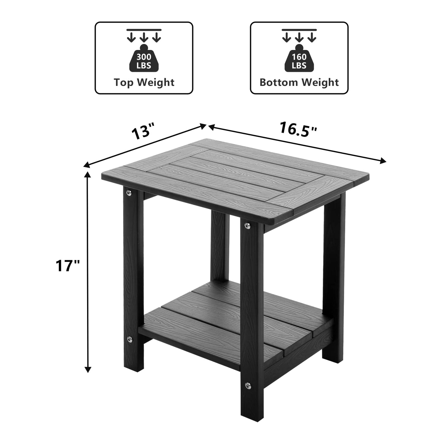Meluvici Double Adirondack Side Table Weather Resistant, Outdoor Rectangular End Table for Adirondack Chair, Black with Wood Grain