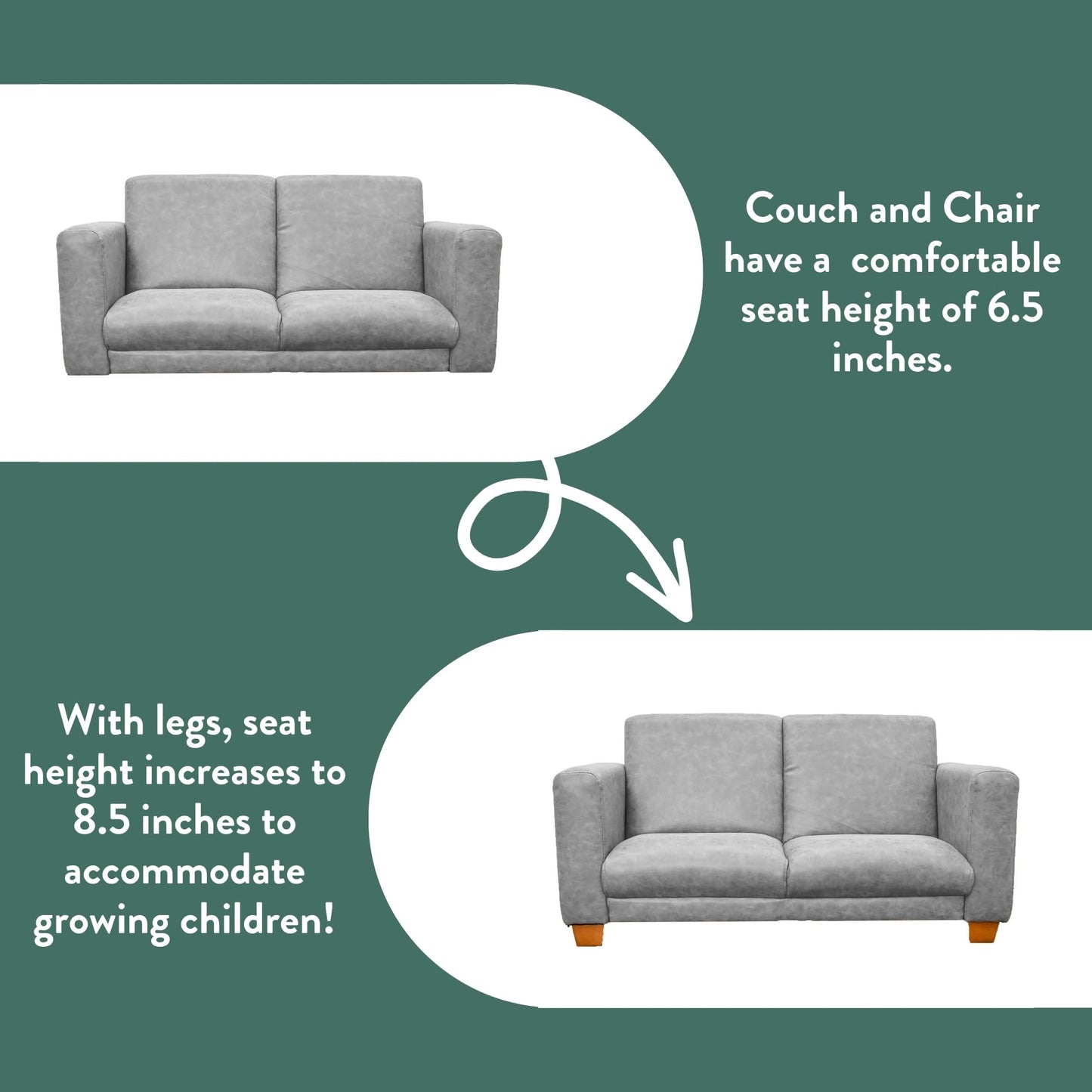 Children's Factory As We Grow Modern Kids Sofa, Flexible Seating for Classroom Elementary, Adjustible Kids Couch for Playrooms and Daycares, Faux Distressed Leather Gray