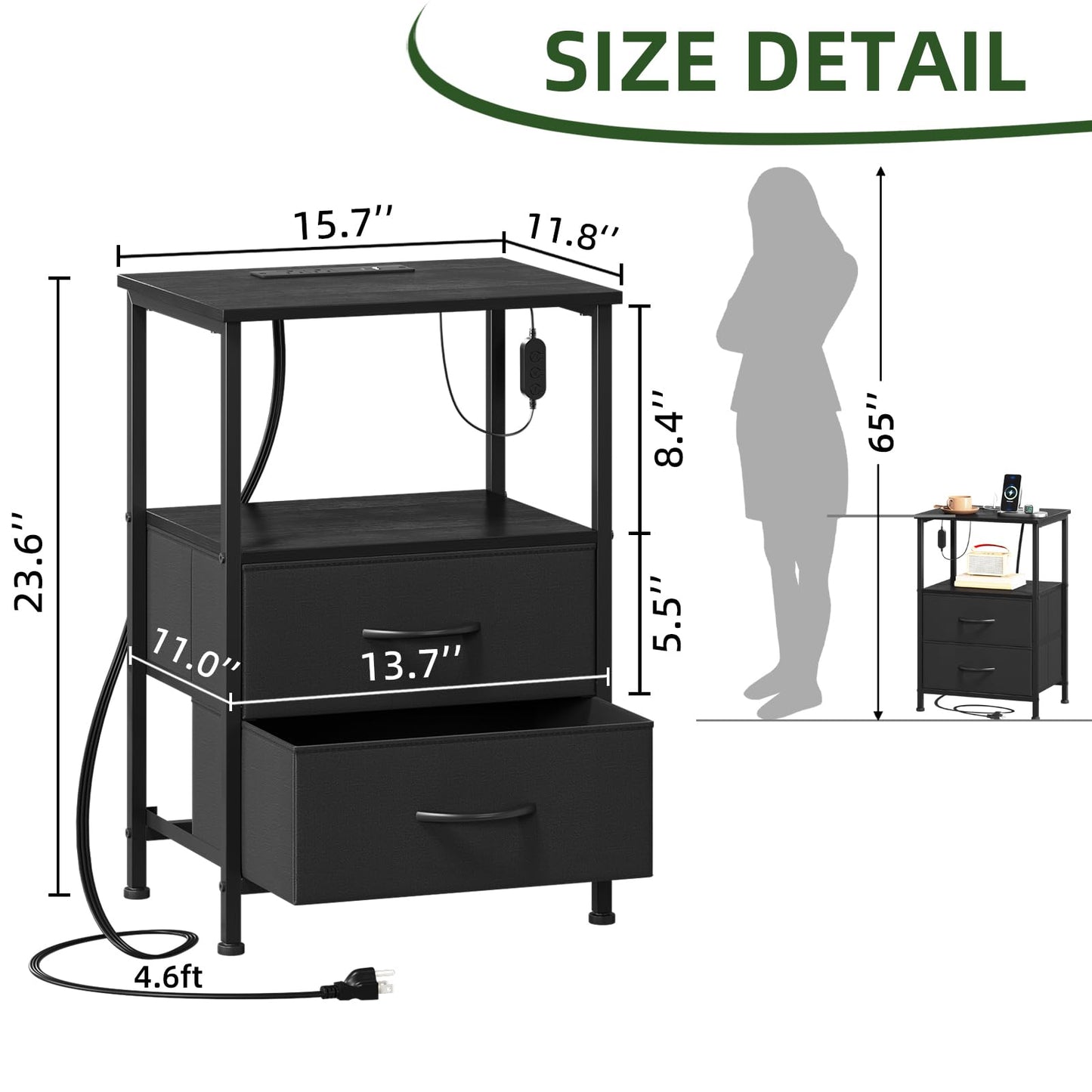 Somdot Black Nightstand with Charging Station and LED Light for Bedroom, 2 Drawers Dresser with Fabric Bins for Bedside Kids Dorm Room Closet Laundry Entryway, Black