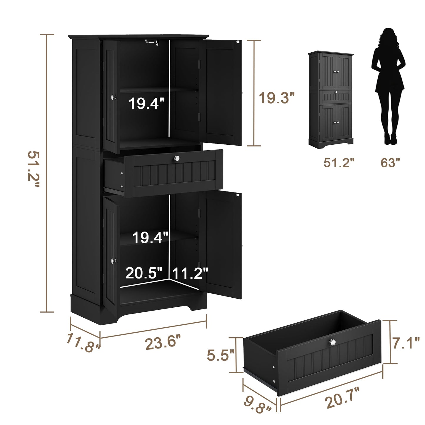 ChooChoo 51" H Tall Bathroom Floor Cabinet, Modern Bathroom Storage Cabinet with Drawer and Adjustable Shelves, Freestanding Kitchen Pantry Cupboard with 4 Doors for Living Room, Black