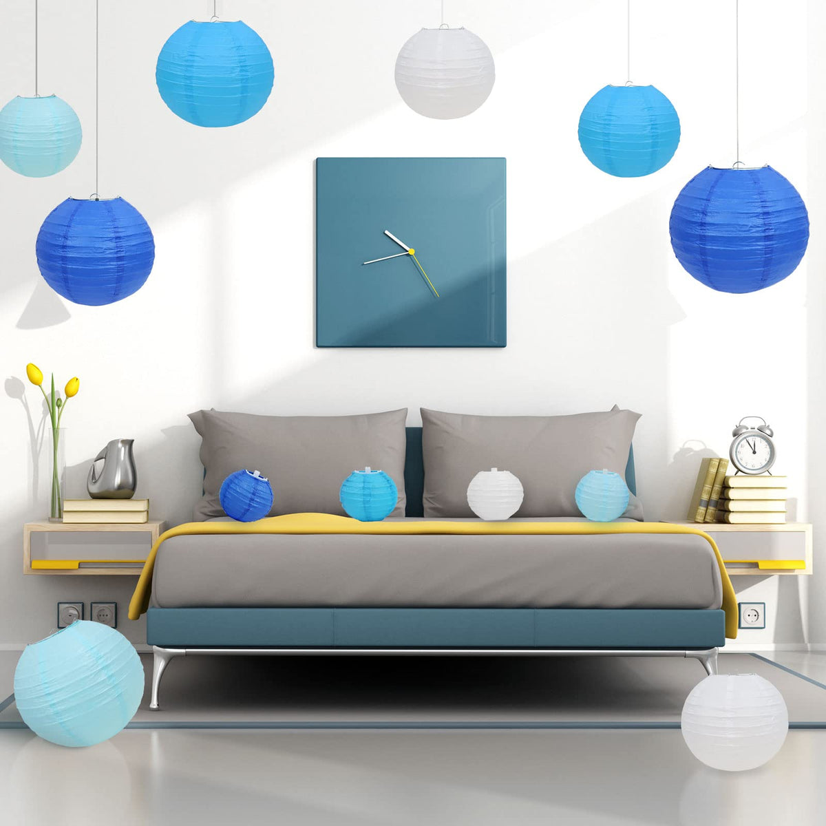 LURICO 16 Pcs Blue/White Paper Lanterns (Size of 4”, 6”, 8”, 10”) - Chinese/Japanese Paper Hanging Decorations Ball Lanterns Lamps for Home Decor, Parties, and Weddings