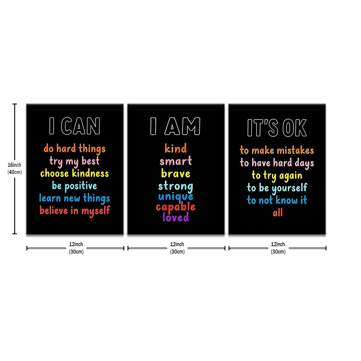 PSYYSP Positive Affirmations Wall Decor For Kids Bedroom Classroom Posters Growth Mindset I Am I Can It Is Ok Inspirational Canvas Art Set 3 Piece Framed Office Decor 16x36 Inch Triptych Artwork