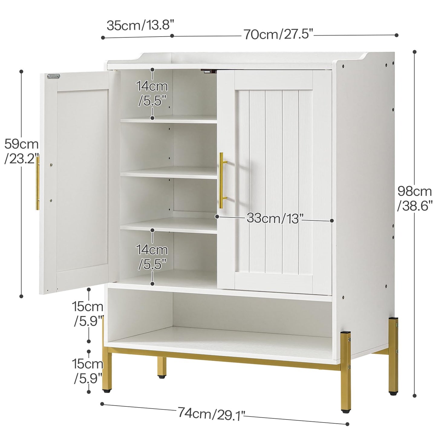 HOOBRO Shoe Cabinet, 5-Tier Shoe Storage Organizer with Doors, Wooden Shoe Cabinet Storage for Entryway, Freestanding Shoe Rack Cabinet with 3 Adjustable Shelves for Hallway, Gold and White DW41SC01