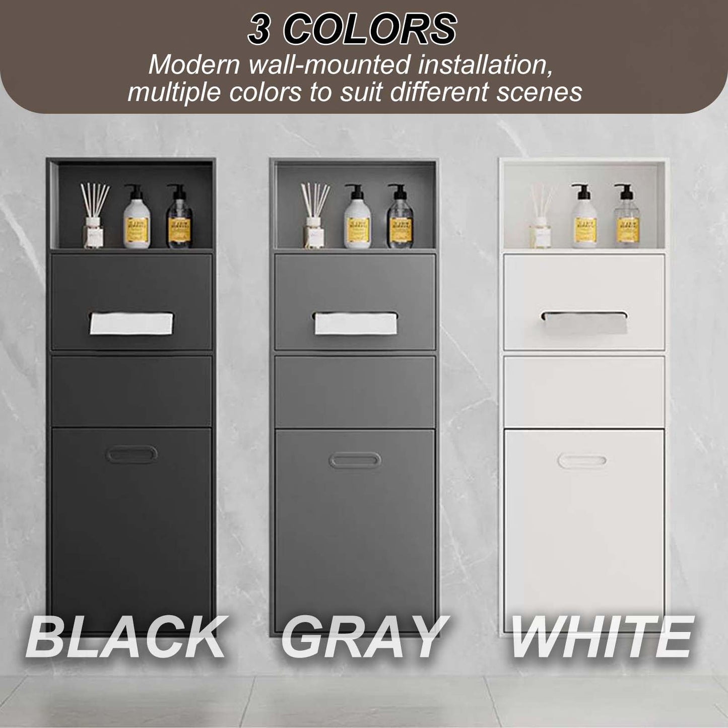 Wall Mounted Hidden Trash Can Cabinet, Stainless Steel Waterproof Tissue Box, Decorative Shelf Niche for Bathroom, Space-Saving Black Organizer, Stylish Waste Bin Solution