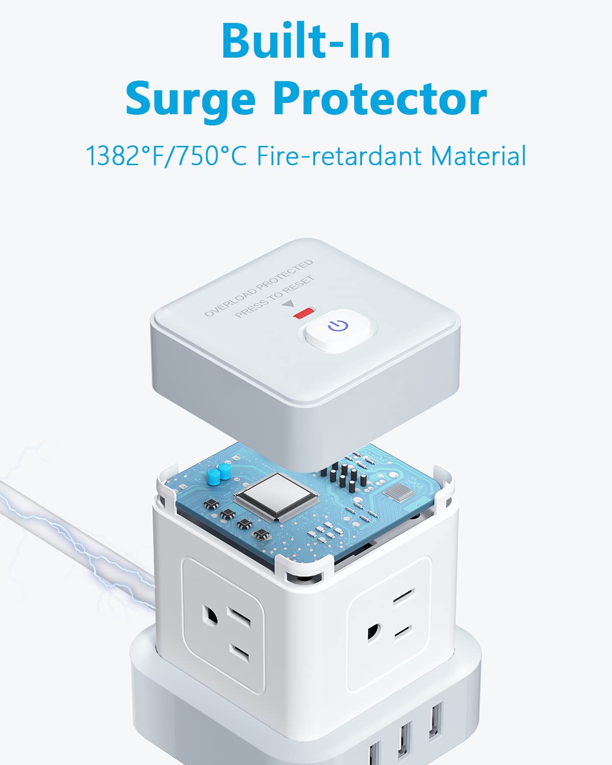 Baykul Power Strip with USB, 4 Outlet 3 USB Ports (3 USB-A) Power Strip Cube, 10 ft Extension Cord, Flat Plug Surge Protector, Kitchen, Home, Office, Travel, White