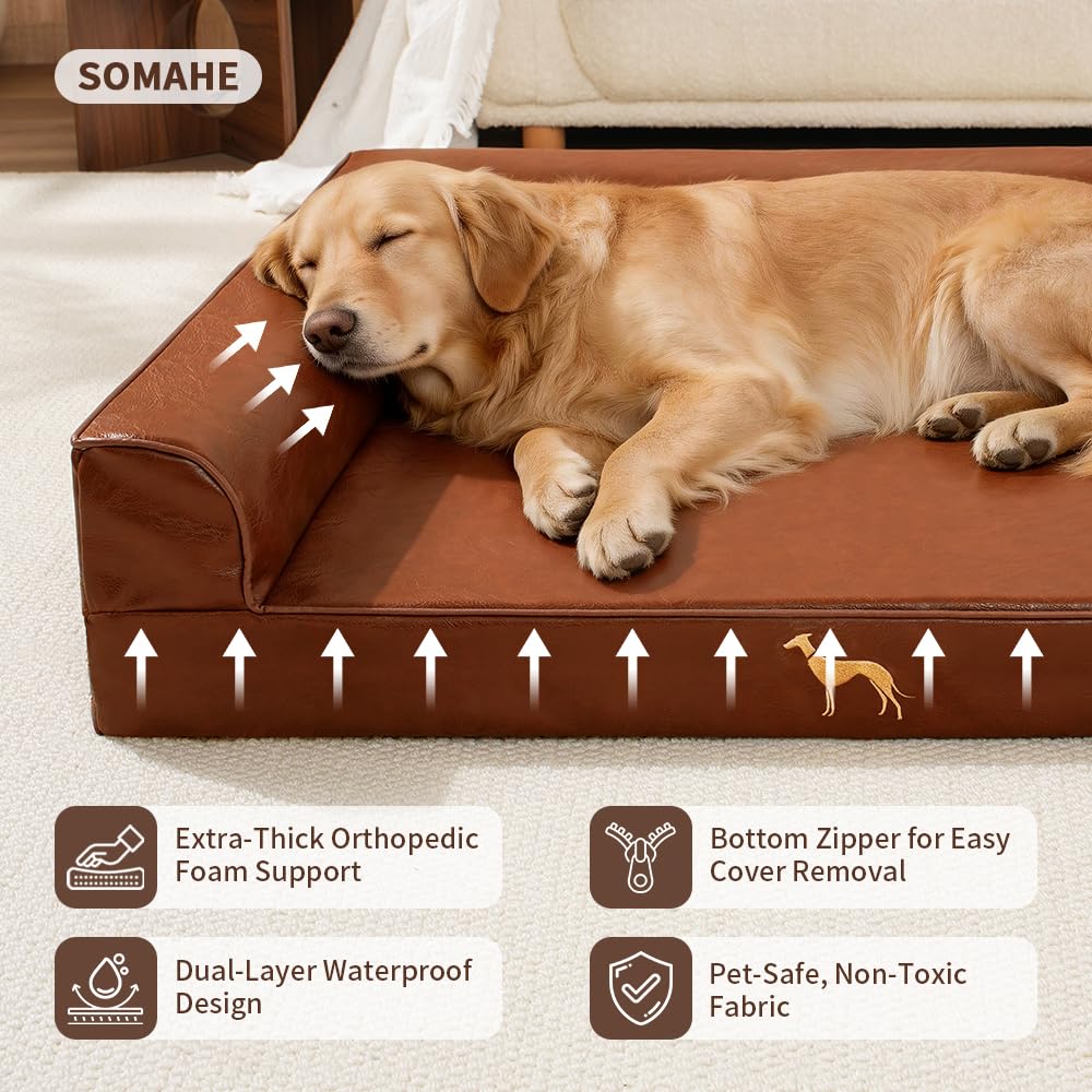 SOMAHE Leather Dog Bed Couch, Orthopedic Waterproof, 35"x28", Brown