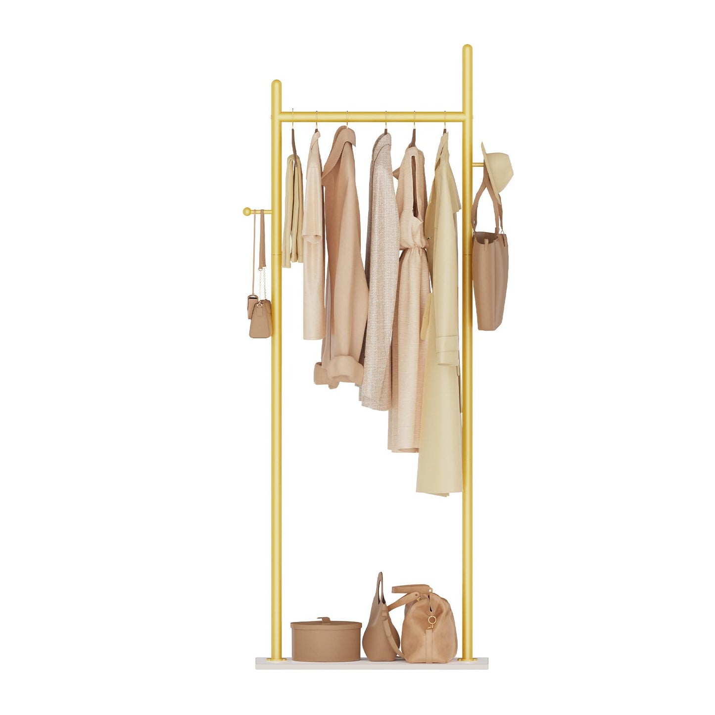 GUOHNHE Large Metal Coat Rack Freestanding, Modern Coat Hanger Stand with 2 Hooks and Heavy Rock Slab Base, Industrial Clothes Rack, Garment Rack, 19.7 x 11.8 x 68.9 In, Golden Yellow, GYJ202MWJ