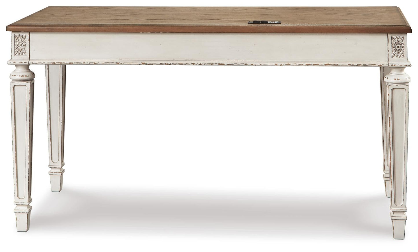 Signature Design by Ashley Realyn Farmhouse Home Office Desk, 2 Drawers, Drop-down Drawer, USB Charging, Wood, 60" W x 28" D x 31" H, Chipped White and Brown