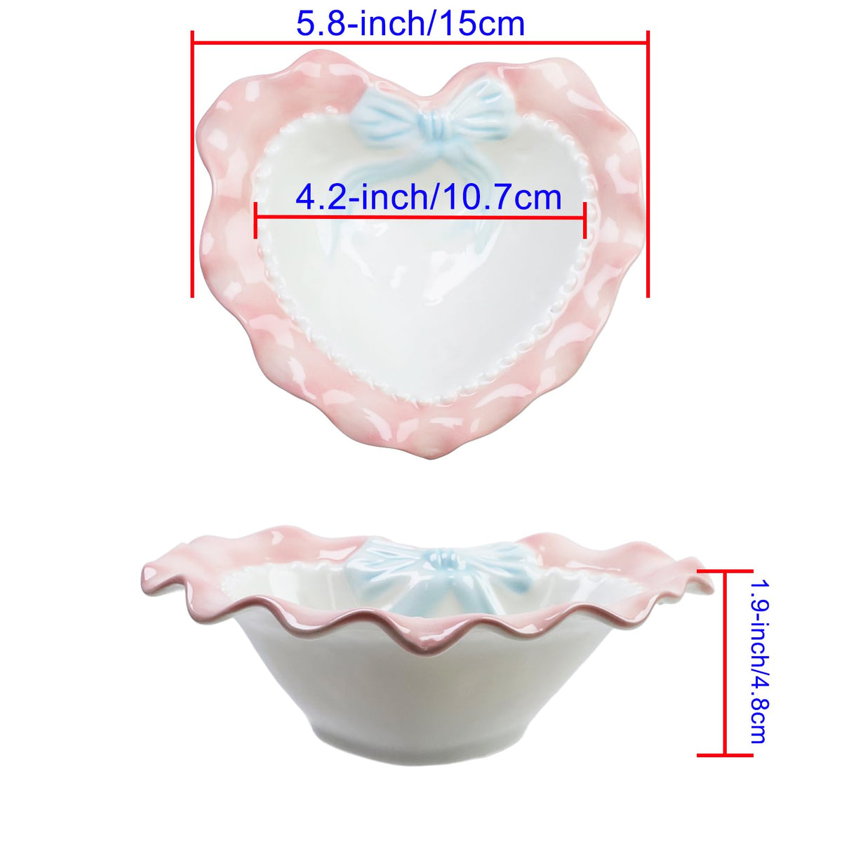 Bitray Heart Shaped Dessert Bowl Lovely Ceramic Wavy Lace Bowl for Rice Grain Fruit and Salad (Pink)