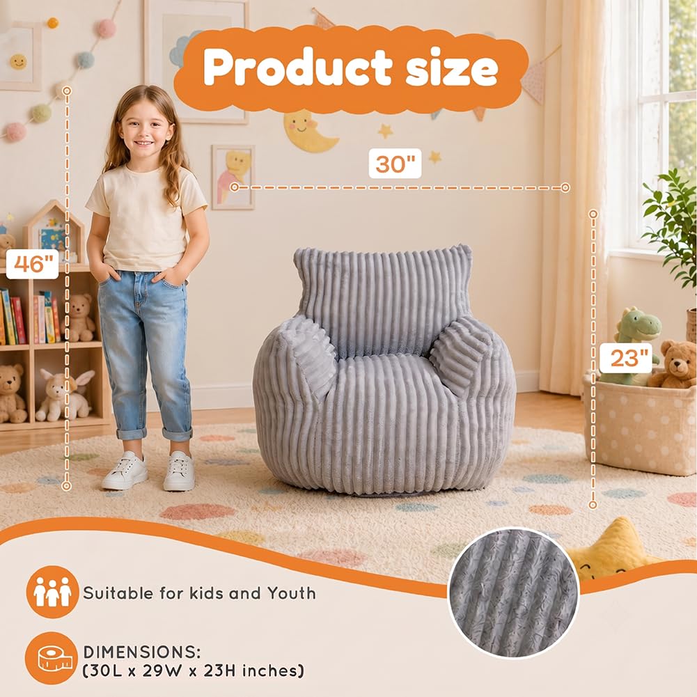 MaxiBean Bean Bag Chair - Plush Faux Fur Floor Seating Furniture Bean Bag Chair for Living Room, Bedroom, Playroom (2.5FT Stripe Grey)